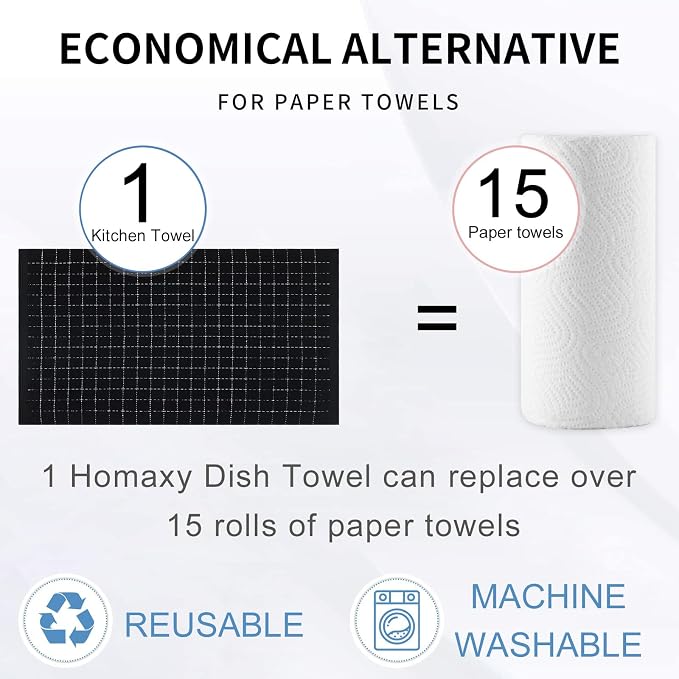 Homaxy 100% Cotton Terry Kitchen Towels(Black, 20 x 28 inches), Checkered Designed, Soft and Super Absorbent Dish Towels, Large 6 Pack