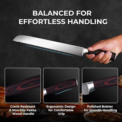 DiiHAUZZ Bread Knife, 10 Inch High Carbon Steel Blade, Pakkawood Handle | Ultra Sharp Serrated Edge, Ergonomic Handle, Roll Forged, Homemade Bread Loaf Bagel Cutter, Sourdough Slicer, Gift Box