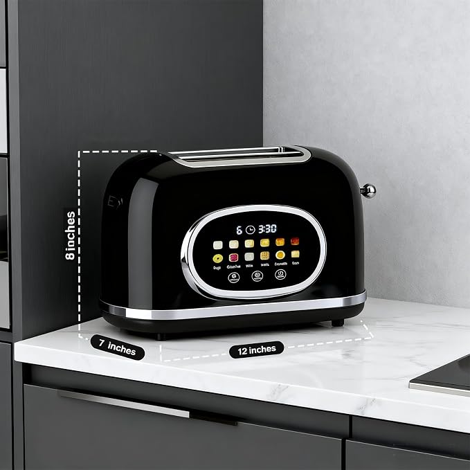 Roter Mond 2 Slice Toaster Smart Touch Screen, Retro Stainless Steel Bread Toaster with Digital Timer, Sleep Mode, Bagel, Cancel, and Defrost Functions, 6 Bread Types and Shade Settings, Black