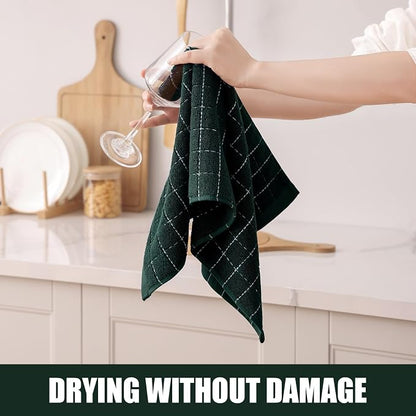 Homaxy 100% Cotton Terry Kitchen Towels(Blackish Green, 13 x 28 inches), Checkered Designed, Soft and Super Absorbent Dish Towels, 12 Pack