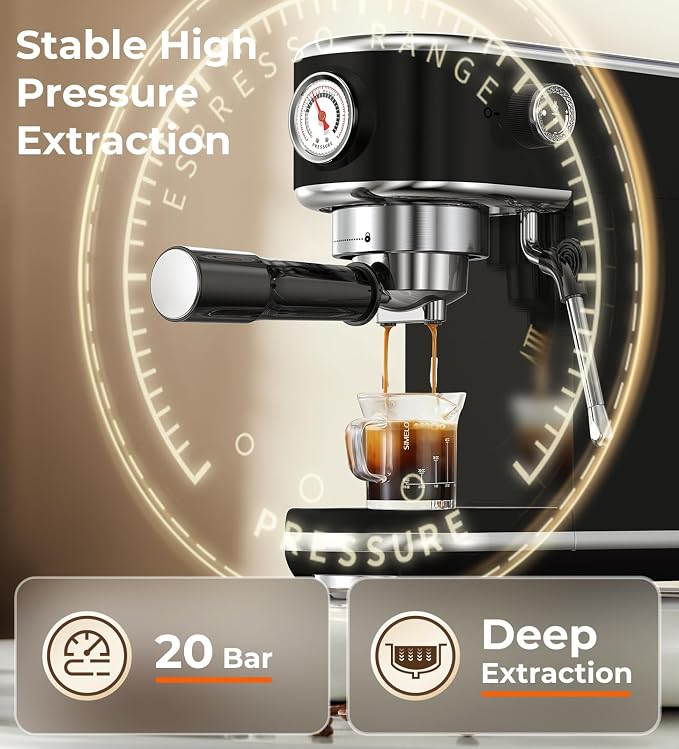 Atatix 20 Bar Espresso Machine with Milk Frother, Professional Compact Espresso Maker, Stainless Steel Coffee Machine with Precise Temp Control & 44oz Removable Water Tank for Latte, Cappuccino, Black