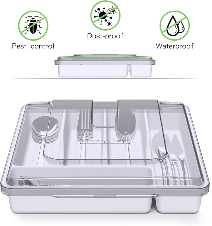 Silverware Organizer with Cover, Portable Cutlery Holder Flatware Tray with Lid Plastic Silverware Storage Box (White)