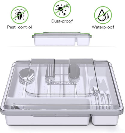 Silverware Organizer with Cover, Portable Cutlery Holder Flatware Tray with Lid Plastic Silverware Storage Box (White)