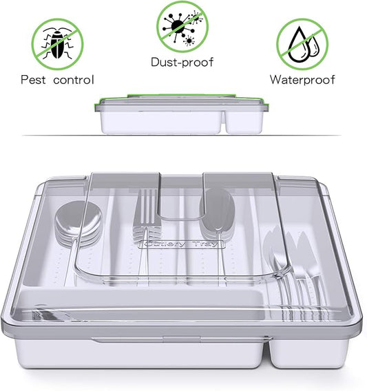 Silverware Organizer with Cover, Portable Cutlery Holder Flatware Tray with Lid Plastic Silverware Storage Box (White)