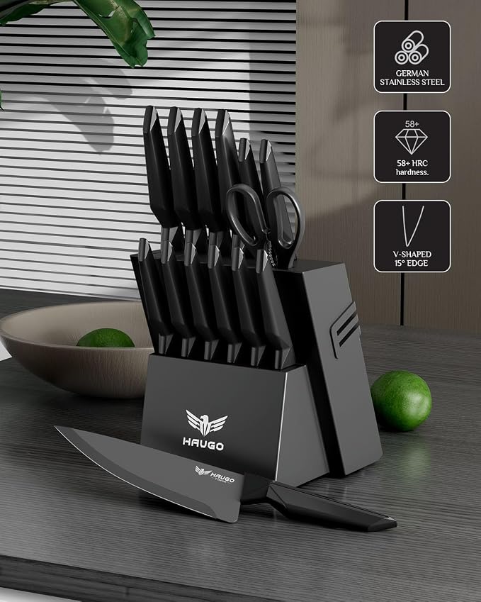 Kitchen Knife Set with Block: 15-Piece High Carbon Stainless Steel Professional Knives - Comfortable Grip Reduces Hand Fatigue 30% - Dishwasher Safe and Sharpener - Black Knife Set for Cooking