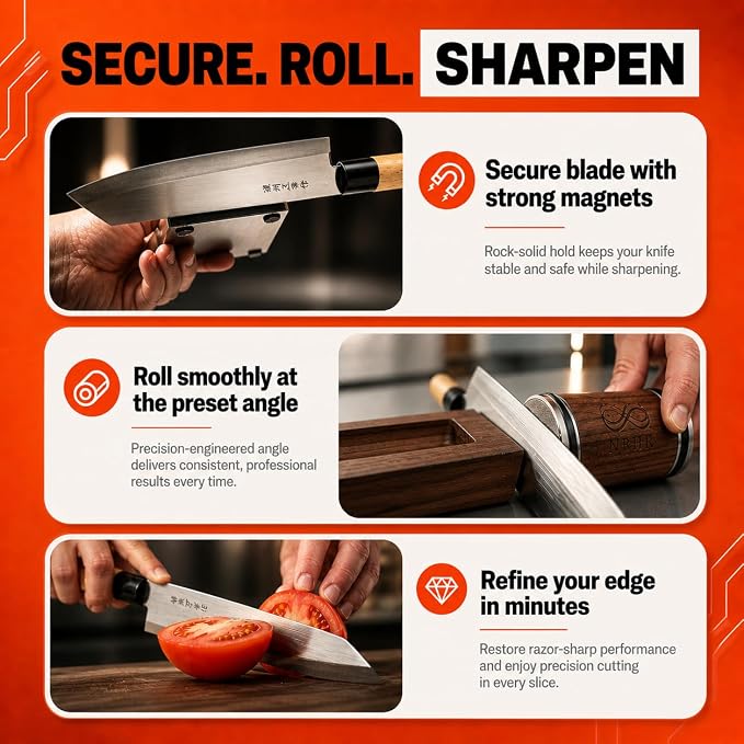 Rolling Knife Sharpener 15 & 20 Degrees Dual Angle Magnetic Knife Sharpener Kit for Kitchen & Chef Knives, Perfect Kitchen Gift