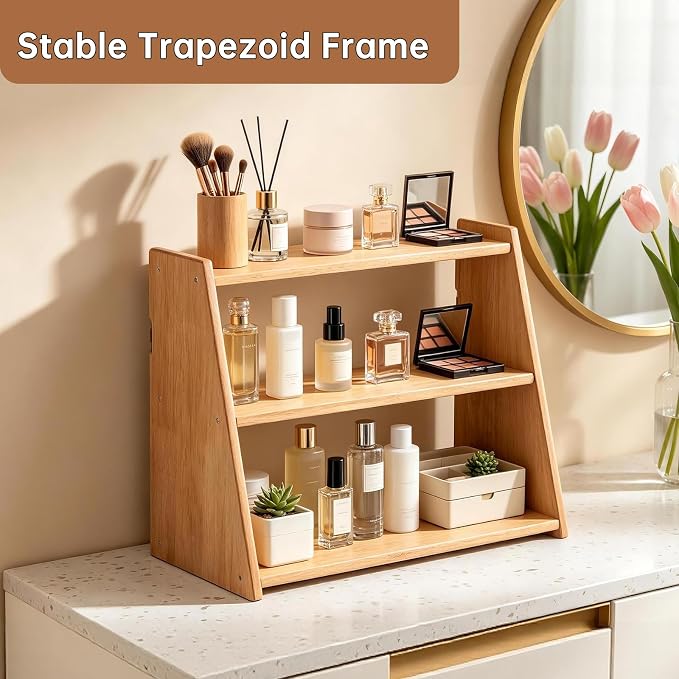 100% Solid Rubber Wood Spice Rack, 3 Tier Freestanding & Wall Mounted Kitchen Countertop Organizer, Trinket Shelf, Tiered Display Stand for Spices, Makeup, Collectibles & Home Decor