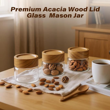 6-Pack 4 fl oz Stackable Airtight Glass Jars (with Acacia Wood Lids + Sticker Labels) – Small Mason Jars designed for overnight oats, spices, dry goods, and kitchen organization.