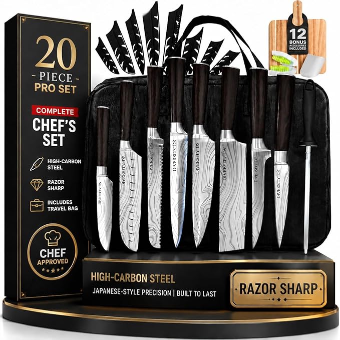 Japanese Kitchen Knife Set with Bag, 20-Piece Professional Chef Knife Set, High Carbon Stainless Steel Knives, Travel Case and Cutting Board, Complete Cooking Set