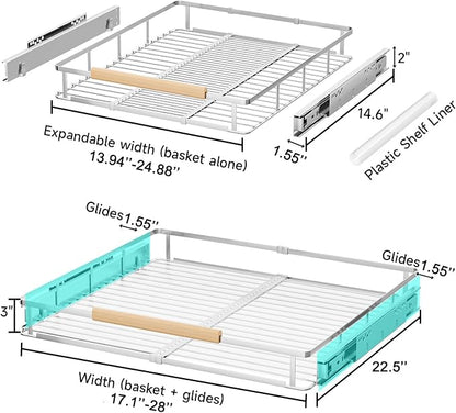 Expandable Pull Out Cabinet Organizer, 17.1"-28.1" W x 22.5" D | 1Pack, Stainless Steel Slide Out Drawers, Heavy Duty Drawer Slides, For Kitchen Pantry Cupboard Pots Pans, Adjustable Width