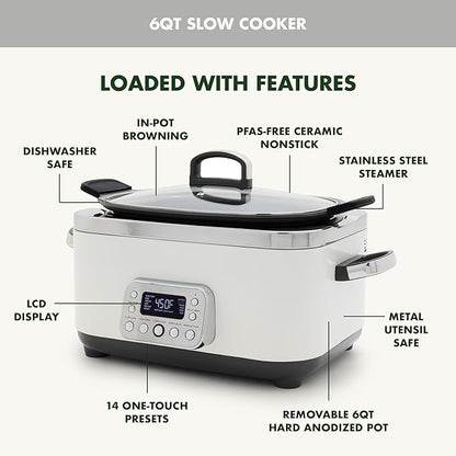 GreenPan Elite 14-in-1 Nonstick 6QT Electric Slow Cooker, PFAS-Free Ceramic Multi-Cooker, In-Pot Browning, Dishwasher Safe Lid & Removable Crock, Stainless Steel Steamer, Silicone Handles, White