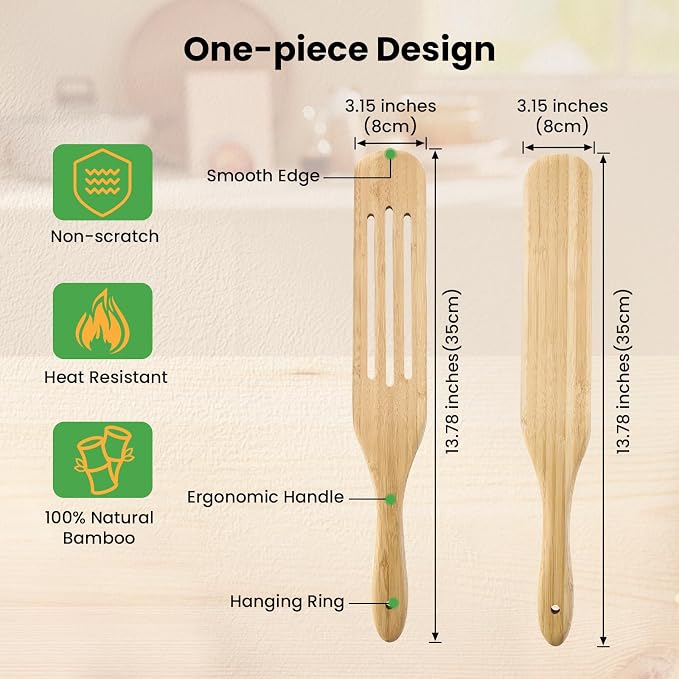 GEEKHOM Wooden Spurtle Set Bamboo Utensils : 13 Inch for Sourdough Starter, Mixing Scraping Serving, Reaching Jar Bottom, Nonstick Cookware 2 Set