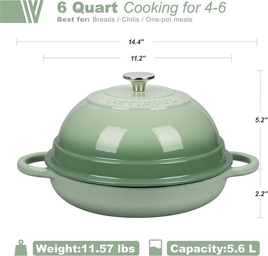 VORRINGARD Cast Iron Enameled Dutch Oven Pot with Lid for Bread Baking, Bread Oven, 6 Quart, Green