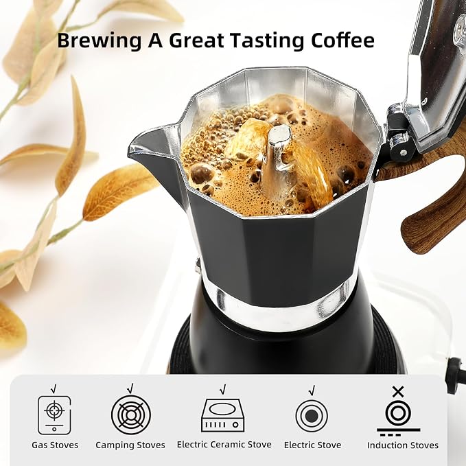 Mongdio Stovetop Espresso Maker Moka Pot, Cuban Coffee Maker Stove top coffee maker Moka Italian Espresso Greca Coffee Maker Brewer Percolator, 9 Espresso Cups, 15 oz - Black