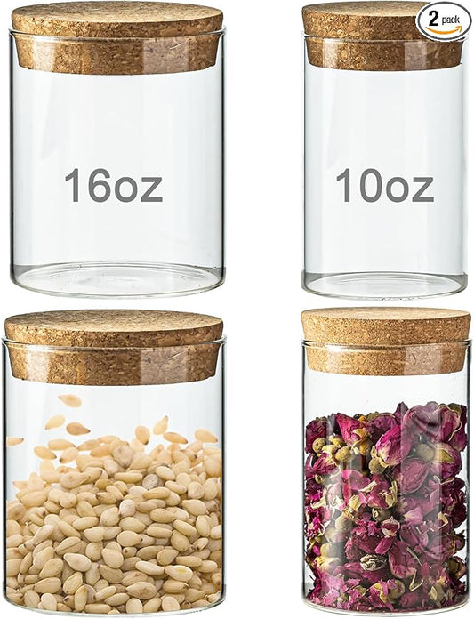 Airtight Glass Storage Containers with cork Lid, for Kitchen Pantry Organization and Storage jar，Ideal for Coffee Beans Snacks Flour Cereal Sugar Tea (2.55in*2pcs and 3.34in*2pcs)