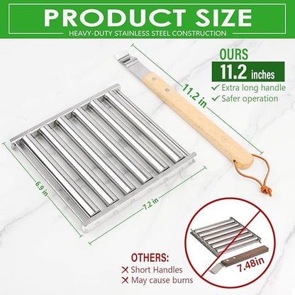 KAYCROWN Hot Dog Roller Sausage Rack with Extra Long Wood Handle, BBQ Griller For Evenly Cooked Dogs, 5 Capacity, Silver