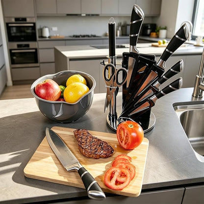 Kitchen Knife Set, 9-Piece Black Kitchen Knife Set with Acrylic Block, Non Stick Sharp High Carbon Stainless Steel Knife Set for Kitchen Cutting Meat Slicing Chopping Kitchen Women Gifts