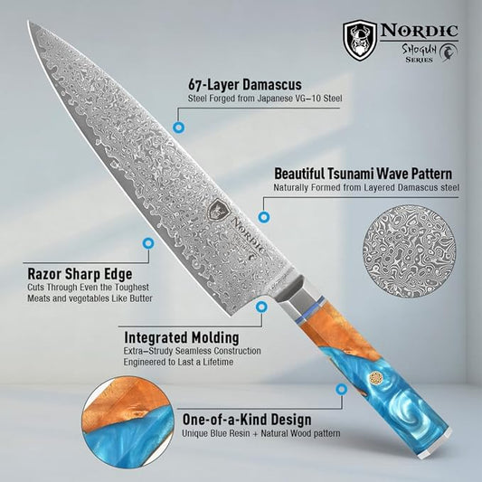Nordic The New Shogun Series Professional 8-inch Chef Knife, 67-Layer Folded Damascus Super Steel, VG-10 Core, Rockwell 60±2 Hardness, Wood and Resin Handle, Magnetic Sheath.