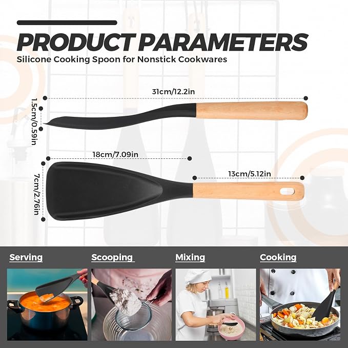 Reallnaive 4 Pack Cooking Spatula Spoon for Nonstick Cookware 12 Inch Silicone Multifunction Kitchen Spoon with Wood Handle for Cooking Serving Mixing Scoop and Scrape for Pots Pans Skillets (Black)