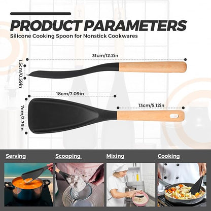 Reallnaive 4 Pack Cooking Spatula Spoon for Nonstick Cookware 12 Inch Silicone Multifunction Kitchen Spoon with Wood Handle for Cooking Serving Mixing Scoop and Scrape for Pots Pans Skillets (Black)
