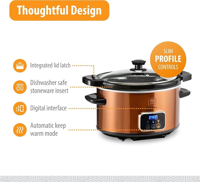 Toastmaster 4-Quart Digital Slow Cooker with Locking Lid - Food Warmer for Dip, Soups, Parties, Meal Preparation & More - Copper