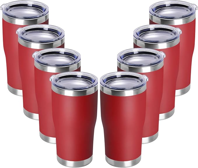 DOMICARE 20oz Tumbler with Lid Stainless Steel Tumblers Bulk, Double Wall Vacuum Insulated Coffee Travel Mug Powder Coated Tumbler,8 Count (Pack of 1) Red