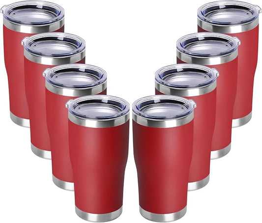 DOMICARE 20oz Tumbler with Lid Stainless Steel Tumblers Bulk, Double Wall Vacuum Insulated Coffee Travel Mug Powder Coated Tumbler,8 Count (Pack of 1) Red