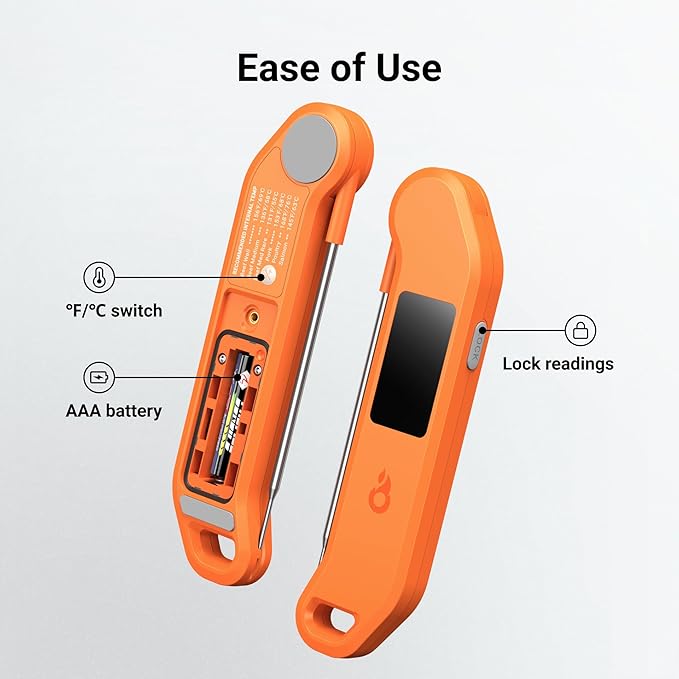 Professional Digital Meat Thermometer, 1 Sec Instant Read, ±0.5℉ Accuracy NIST&NSF Certified Food Thermometer, Auto-Rotate Bright LED Screen, Waterproof Cooking Thermometer for Grill BBQ, Orange