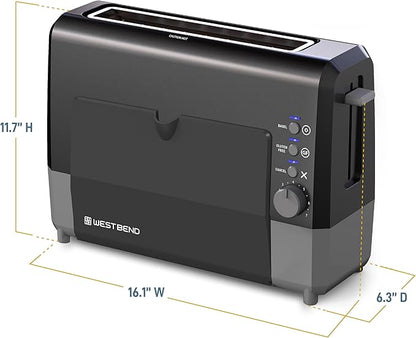 West Bend QuikServe Toaster, 2-Slice Wide-Slot Slide-Through Bread Toaster with Bagel and Gluten-Free Settings and Cool-Touch Exterior Fast Toasting, Includes Removable Serving Tray, 1400-Watts, Black