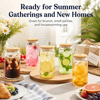 Glass Cups with Lids and Straws Set of 12, 16 oz Can Glasses with Bamboo Lids and Glass Straws, Iced Coffee Cups for Coffee Bar, Cocktails, Summer Parties, Family Gatherings and Housewarming