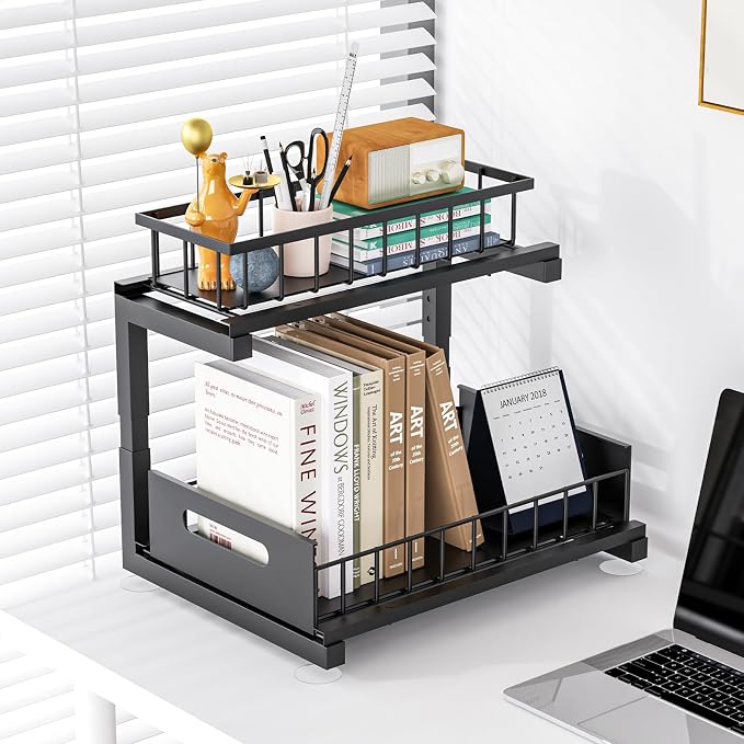 Under Sink Organizer, Heavy Duty Metal Pull Out Cabinet Organizer Slide Out Sink Shelf Organizer Height Adjustable, Multi-Purpose Storage Shelf for Kitchen Bathroom(Black,2Pack)