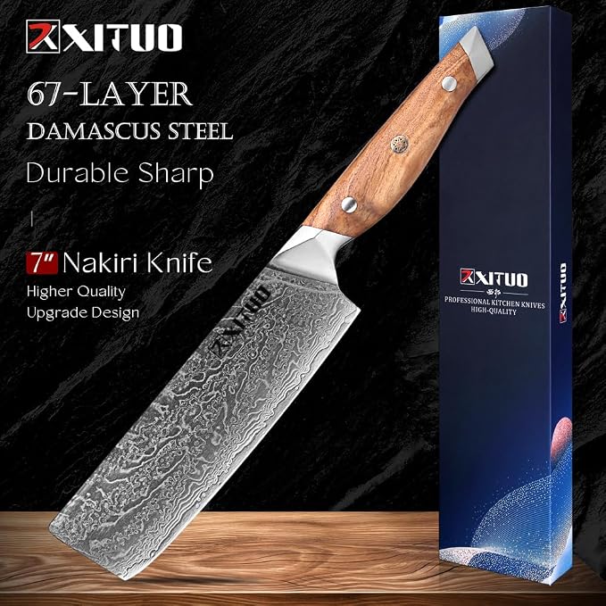 Damascus Steel 7-Inch Nakiri Knife with Olive Wood Handle - Sharp Precision Kitchen Knife for Professional & Home Chefs