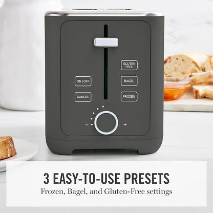 Martha Stewart 2 Slice Toaster, 10 Shade Settings with Defrost, Cancel, Bagel & Gluten-Free, Extra-Wide Self-Centering Slots for Waffles & Artisan Bread, Removable Crumb Tray, Cord Wrap, Caviar Gray