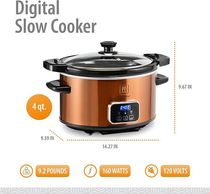 Toastmaster 4-Quart Digital Slow Cooker with Locking Lid - Food Warmer for Dip, Soups, Parties, Meal Preparation & More - Copper