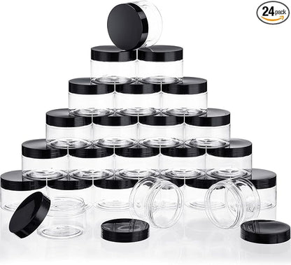 24 Pieces Empty Clear Plastic Jars with Lids Round Storage Containers Wide-Mouth for Beauty Product Cosmetic Cream Lotion Liquid Butter Craft and Food (Black Lid, 8 oz)