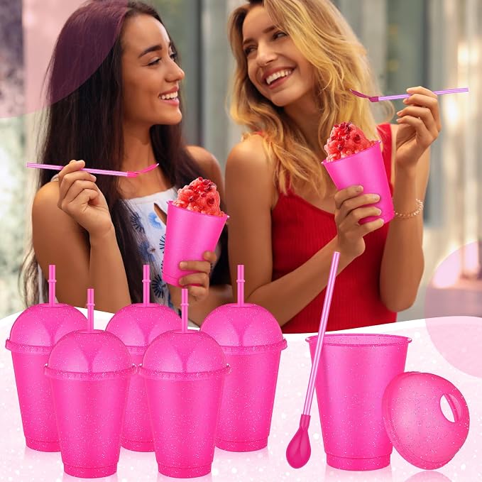 6 Set Slushie Cups with Dome Lids and Straws Detachable Spoon Straws Reusable Plastic Iced Coffee Cups Smoothie Tumbler for Birthdays Summer Party Supplies(Rose Red,16 oz)