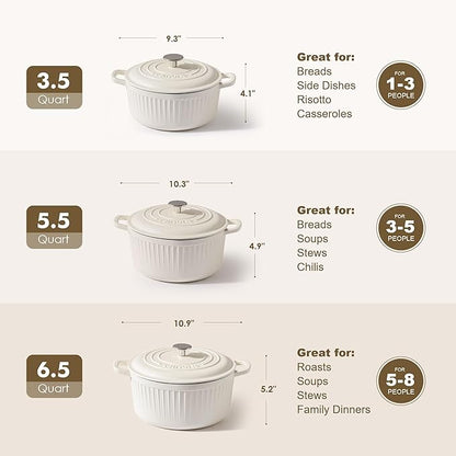 SENSARTE Enameled Cast Iron Dutch Oven Pot with Lid 3.5/5.5/6.5 Quart Heavy-Duty Round Dual Handles Kitchen Pot with Cotton Potholders & Silicone Trivet, Pot for Bread Baking, Stews, Braising, Roasting, Oven Safe, 5.5 Quart, White