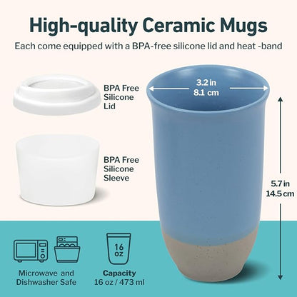 NOVA CERAMICS Travel Mug - Ceramic Coffee Mug With Lid – Microwave & Dishwasher Safe Coffee White & Grey Tumbler - Fits In Cup Holder – 16oz – Coastal Drift
