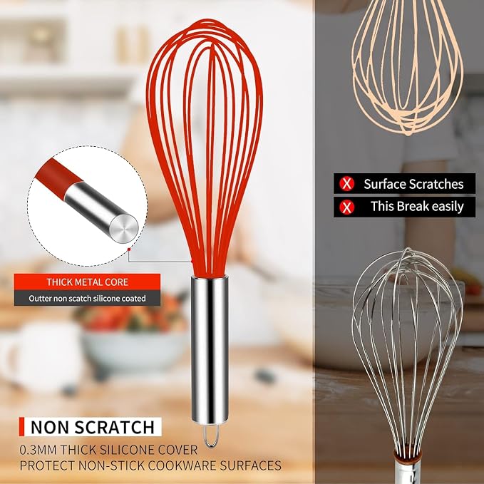 Danish Dough Whisk Stainless Steel Dough Hook Dutch Whisk for Sourdough Bread Dough Mixer Hand Wooden Handle Kitchen Whisking Mixing Tool Bread Making Tools and Supplies (3 Pack Red)