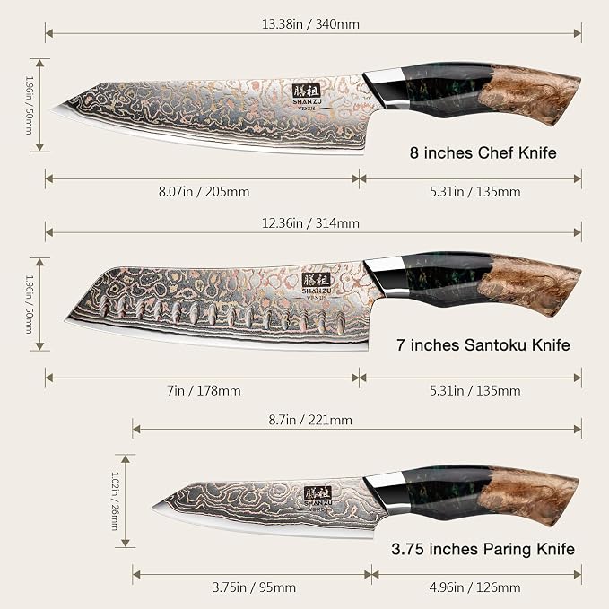 SHAN ZU Damascus Knife Set, Copper & Damascus Steel Japanese Kitchen Knives, High Carbon 33 Layer Hand Forged Utility Knife Professional Sharp Kitchen Knife with Maple Wood Handle