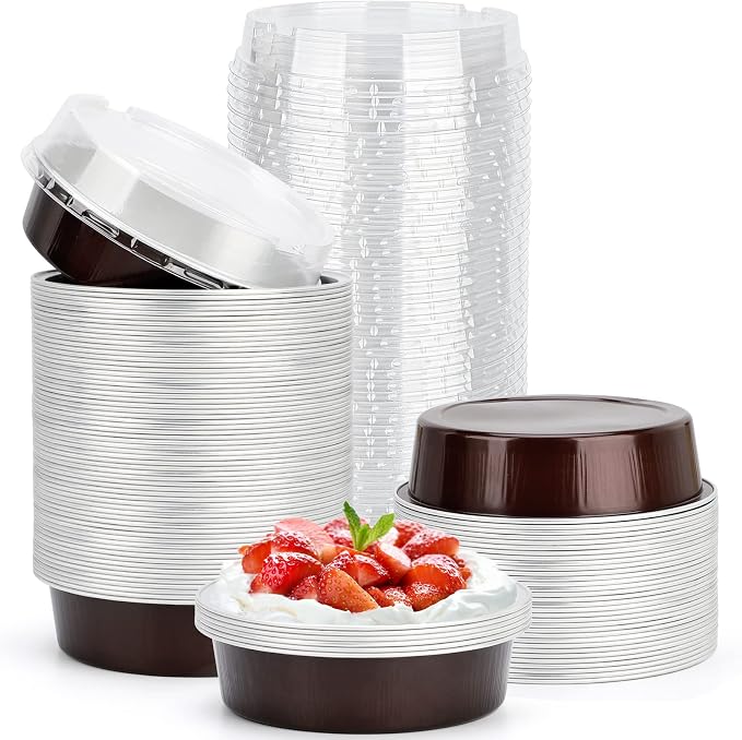 Beasea Disposable Aluminum Cupcake Pans with Lids, 100 Pack 4” 8oz Coffee Mini Baking Pie Foil Tins Small Round Tart Container for Individual Muffin Cheesecake Dessert Ramekins Quiche Oven Dishes