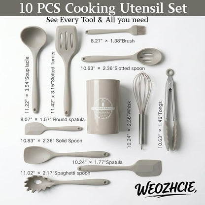 Silicone Kitchen Utensils Set,10 PCS Cooking Kitchen Utensils Set, Nonstick Kitchen Utensils 446°F Heat-Resistant Cookware Kitchen Tools of Spoon,Brush,Whisk,Spatula,Turner Tongs(Khaki)