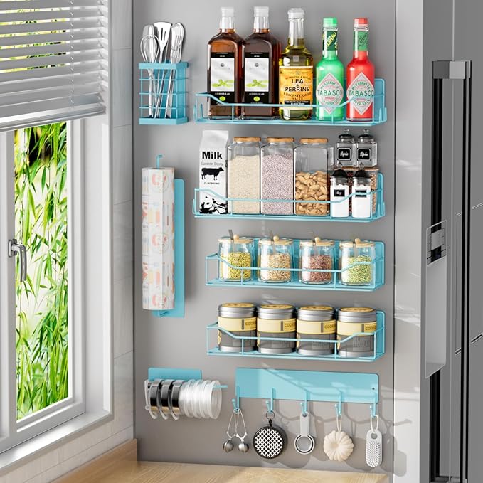 Magnetic Spice Rack for Refrigerator,8 Pack Magnetic Fridge Shelf, Moveable Spice Organizer with Hook Rack, Paper Towel Holder, Utensil Holder,cup lid holder, Super Magnetic Rack Set (Blue)