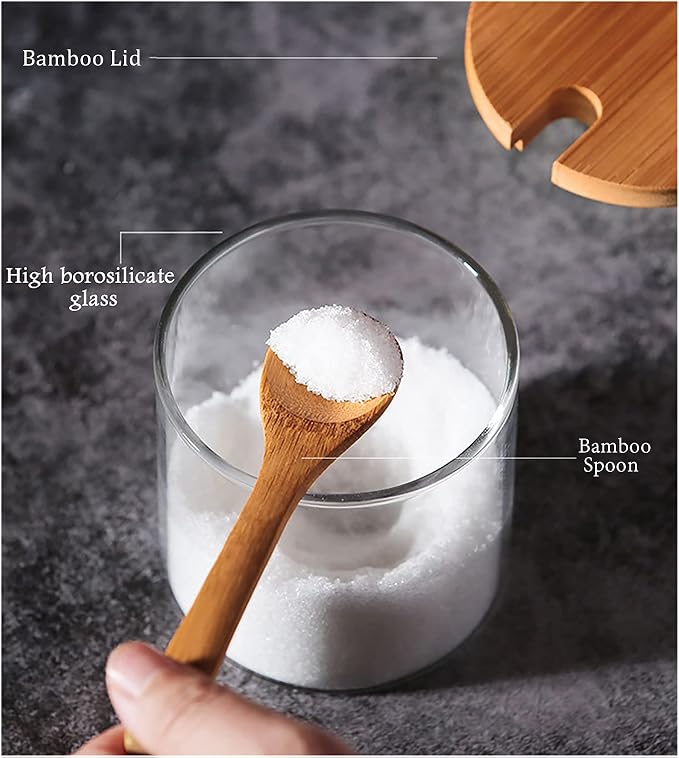 FANTESTICRYAN 3 PCS Stylish Simple Condiment Canisters Pots Set, Decorative Storage Seasoning Glass Container Box with Bamboo Spoon Lid and Base for Home Kitchen café Storing Salt Sugar Pepper Spice