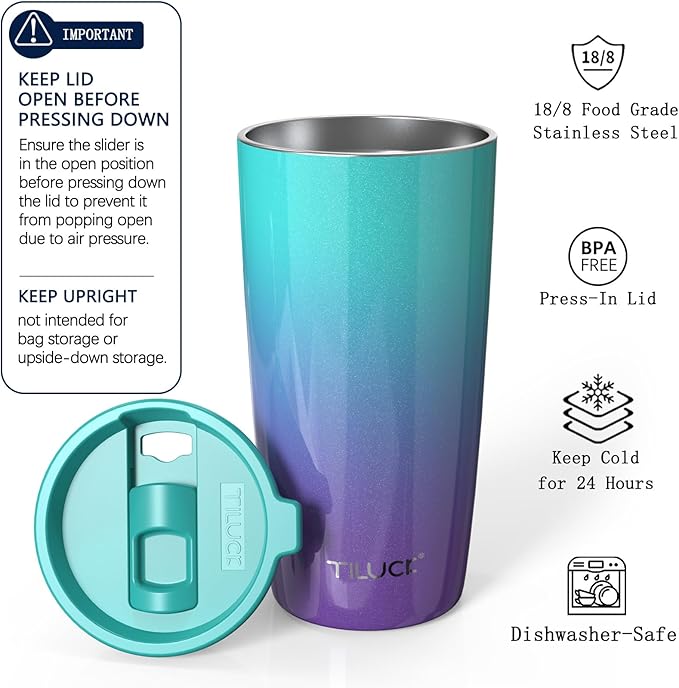 TILUCK 20 oz Insulated Tumbler with BPA-Free Lid, Stainless Steel Vacuum Travel Coffee Mug, Double Wall Coffee Tumbler（20oz，GlitterBluePurple）