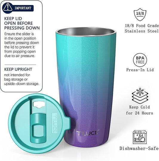 TILUCK 20 oz Insulated Tumbler with BPA-Free Lid, Stainless Steel Vacuum Travel Coffee Mug, Double Wall Coffee Tumbler（20oz，GlitterBluePurple）