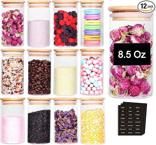Tzerotone 12 Pcs Glass Spice Jars - 8.5oz Empty Small Glass Bottles with Bamboo Airtight Lids and Labels - Thicken Seasoning Spice Containers for Kitchen Organization and Storage…