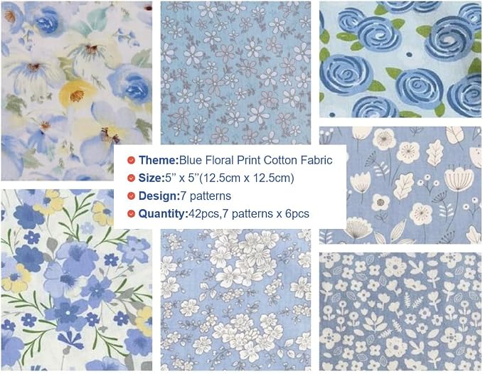 100% Cotton Boys Fabric Squares,5 Inch Quilting Supplies Clearance Blue Floral Fabric Precut Bundles for Sewing Project and DIY Crafts(42Pcs) …