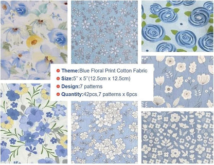 100% Cotton Boys Fabric Squares,5 Inch Quilting Supplies Clearance Blue Floral Fabric Precut Bundles for Sewing Project and DIY Crafts(42Pcs) …