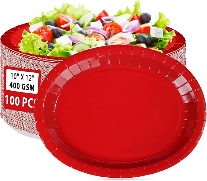 100Pcs Red Oval Paper Plates 10"x12" Large Heavy Duty Red Party Plates Disposable Patriotic Platters for 4th of July Independence Day World Cup Holiday BBQ Picnic Wedding Birthday Party Decor Supplies